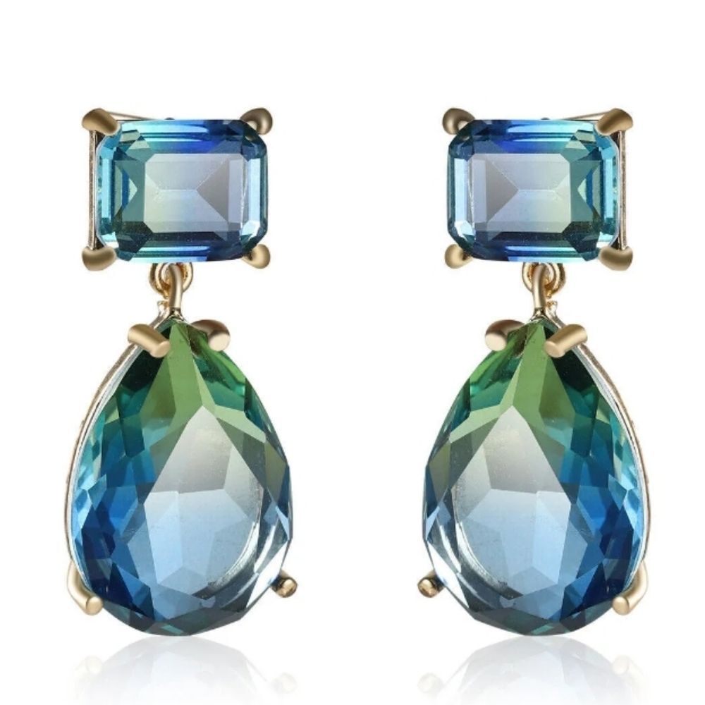 Blue Green Ombre Crystal Rhinestones Drop Dangle Earrings - Picture 4 of 4